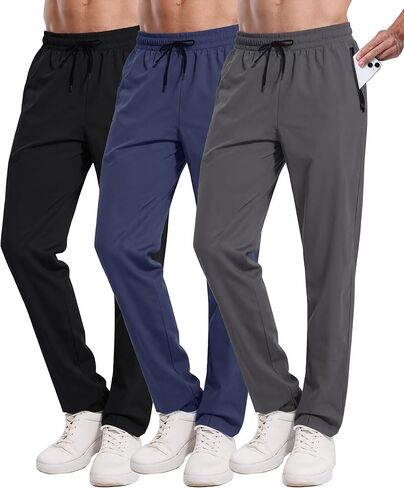 RPOVIG 3 Pack Men's Athletic Sweatpants with Zipper Pockets Workout Gym Running Hiking Active Cooling Stretch Joggers Pants in Kuwait