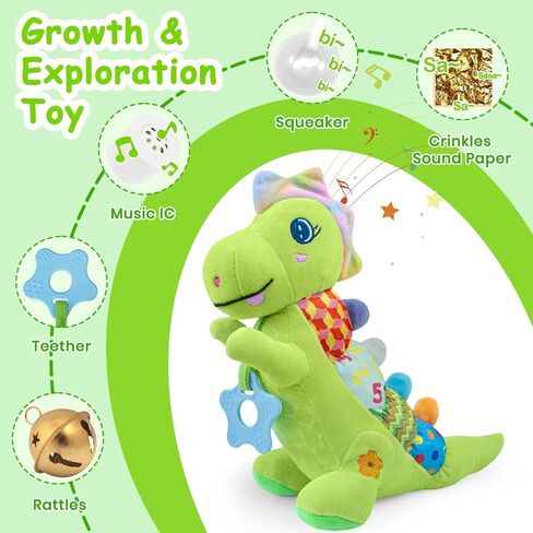 Baby Musical Plush Dino Toy for 0-3-6-12+ Months,Activity Soft with Rattle,Squeaker,Crinkles Sound Paper,Teether & Textures,Infant Dinosaur Tummy Time Toys Gifts for Newborn Toddler Girls (Purple) in Saudi Arabia