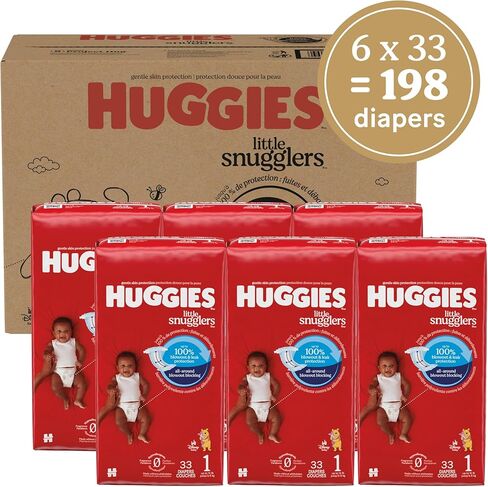 Huggies Size 1 Diapers, Little Snugglers Diapers, Size 1 (8-14 lbs), 198 Count (6 Packs of 33), Packaging May Vary in Kuwait
