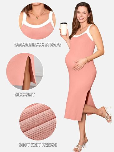 V FOR CITY Maternity Dresses Sleeveless Rib Knit Slit Baby Shower Dress Casual Square Neck Bodycon Pregnancy Outfits in Saudi Arabia