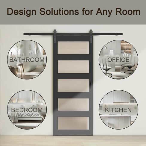48 in. x 84 in. 5 Lite Tempered Frosted Glass Black Finished Composite Interior Sliding Barn Door with Hardware Kit in Kuwait