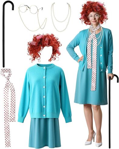7 Pcs Halloween Old Lady Costume Set Old Lady Dress Sweater Granny Wig Glasses Cane Necklace Grandma Scarf for Women in Kuwait