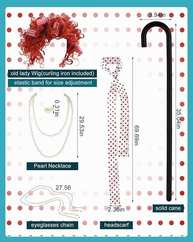 7 Pcs Halloween Old Lady Costume Set Old Lady Dress Sweater Granny Wig Glasses Cane Necklace Grandma Scarf for Women in Kuwait