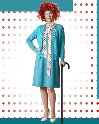 7 Pcs Halloween Old Lady Costume Set Old Lady Dress Sweater Granny Wig Glasses Cane Necklace Grandma Scarf for Women in Kuwait