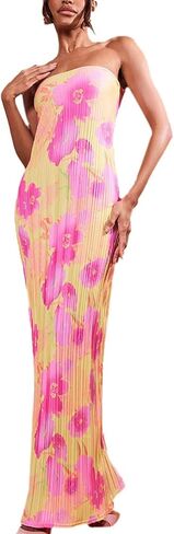 KMBANGI Womens Pink Floral Pleated Tube Maxi Dress Sleeveless Off Shoulder Strapless Backless Party Dress S, M, L, XL in Kuwait