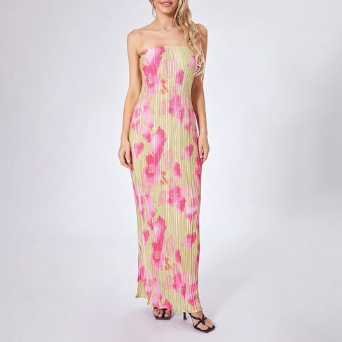 KMBANGI Womens Pink Floral Pleated Tube Maxi Dress Sleeveless Off Shoulder Strapless Backless Party Dress S, M, L, XL in Kuwait