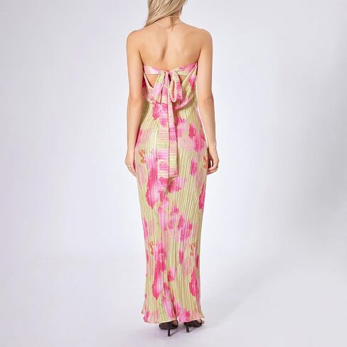 KMBANGI Womens Pink Floral Pleated Tube Maxi Dress Sleeveless Off Shoulder Strapless Backless Party Dress S, M, L, XL in Kuwait