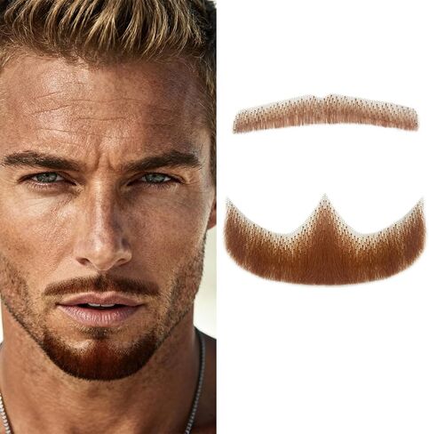 لحية مزيلة لحية Goatee واقعية اليد الكاملة مربوطة شارب الشارب الوجه البالغين البالغين الرجال ماكياج الدانتيل غير مرئي لحية كاذبة لالتزامات هالوين ترفيه فيلم دراما الماكياج (براون) in Kuwait