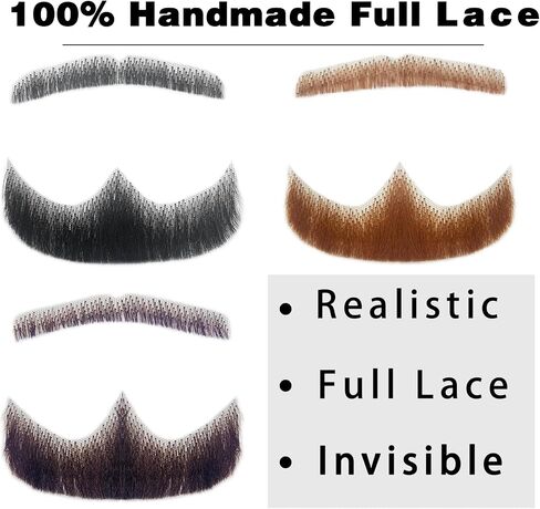 لحية مزيلة لحية Goatee واقعية اليد الكاملة مربوطة شارب الشارب الوجه البالغين البالغين الرجال ماكياج الدانتيل غير مرئي لحية كاذبة لالتزامات هالوين ترفيه فيلم دراما الماكياج (براون) in Kuwait
