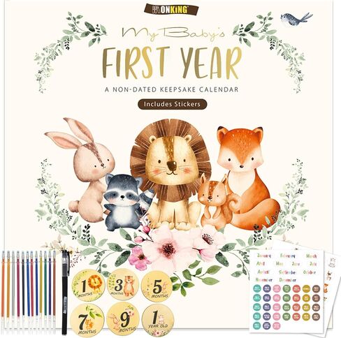 Baby’s First Year Memory Calendar with Stickers & Baby Wooden Monthly Milestone Photo Cards, 12 Month Wooden Keepsake Gift for Baby Shower, Newborn, Parents, Nursery Wall Decor in Saudi Arabia