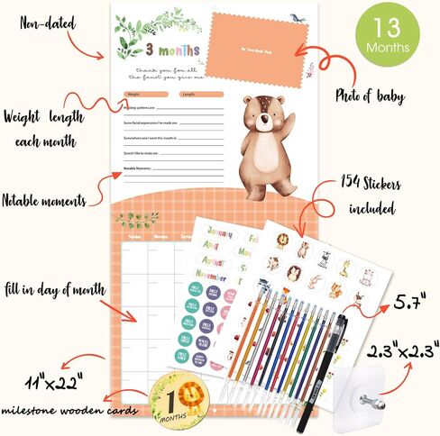 Baby’s First Year Memory Calendar with Stickers & Baby Wooden Monthly Milestone Photo Cards, 12 Month Wooden Keepsake Gift for Baby Shower, Newborn, Parents, Nursery Wall Decor in Saudi Arabia