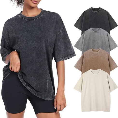 Womens Vintage Oversized T Shirts Acid Washed Baggy Cotton Tee Casual Workout Boyfriend Short Sleeve Tops in Kuwait