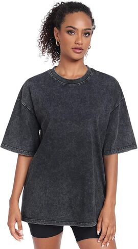 Womens Vintage Oversized T Shirts Acid Washed Baggy Cotton Tee Casual Workout Boyfriend Short Sleeve Tops in Kuwait