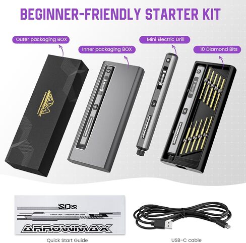 AM ARROWMAX 5-Speed Mini Electric Drill Pen with Benchtop Press, 10 Small Bits with Aluminium Box, LED Lights, OLED Display, Resin Drill Set For Jewelry Making, Plastic, Wood in Kuwait