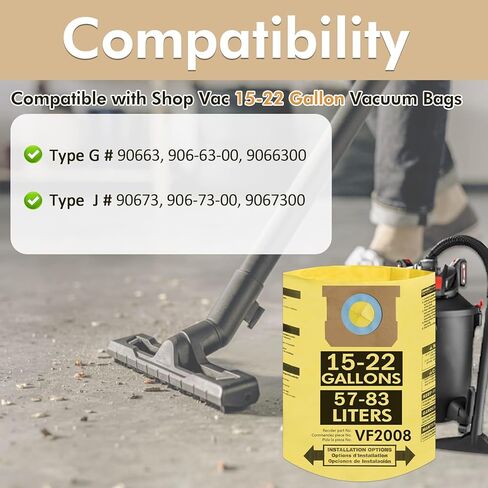 6 Pack 90673 Type G and J Vacuum Bags Compatible for Shop Vac 15-22 Gallon Vacuum, High Efficiency Dust Disposable Collection Filter Bag Part 90663 90673 9066300 9067300 VF2008 in Kuwait