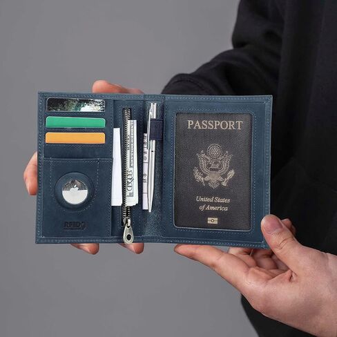 حامل جواز سفر من جلد الحبوب الكامل Airtag RFID يمنع السفر سفر جواز سفر محفظة سليم جواز سفر مع 4 فتحات البطاقات ، جيب العملة (شارة ، أخضر) in Kuwait