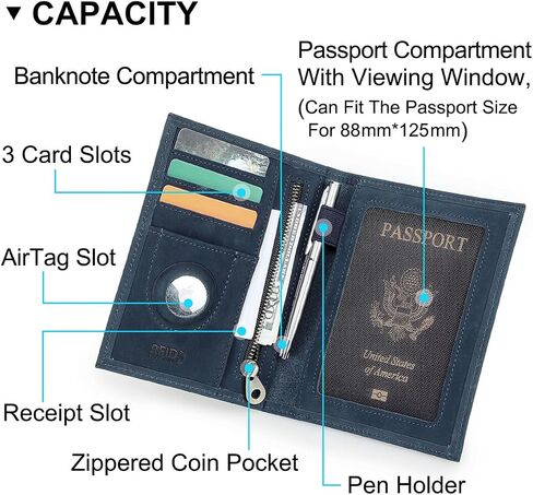 حامل جواز سفر من جلد الحبوب الكامل Airtag RFID يمنع السفر سفر جواز سفر محفظة سليم جواز سفر مع 4 فتحات البطاقات ، جيب العملة (شارة ، أخضر) in Kuwait