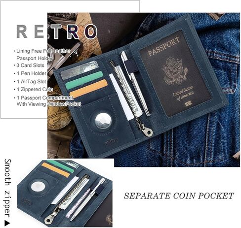 حامل جواز سفر من جلد الحبوب الكامل Airtag RFID يمنع السفر سفر جواز سفر محفظة سليم جواز سفر مع 4 فتحات البطاقات ، جيب العملة (شارة ، أخضر) in Kuwait