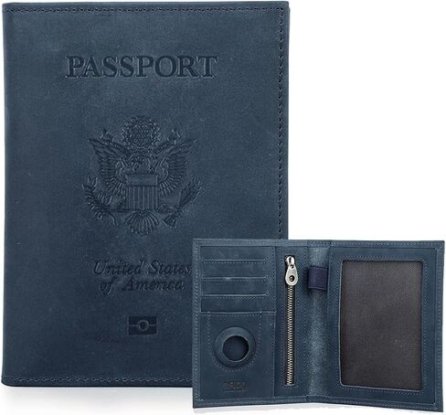 حامل جواز سفر من جلد الحبوب الكامل Airtag RFID يمنع السفر سفر جواز سفر محفظة سليم جواز سفر مع 4 فتحات البطاقات ، جيب العملة (شارة ، أخضر) in Kuwait