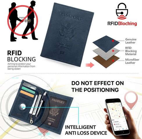حامل جواز سفر من جلد الحبوب الكامل Airtag RFID يمنع السفر سفر جواز سفر محفظة سليم جواز سفر مع 4 فتحات البطاقات ، جيب العملة (شارة ، أخضر) in Kuwait
