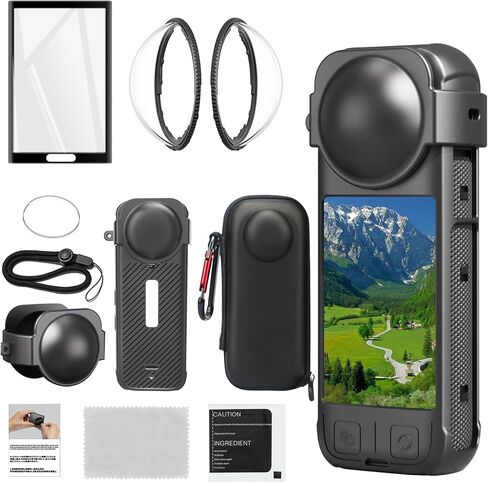 مجموعة إكسسوارات حماية الكاميرا لـ Insta 360 x4 - تشمل حراس العدسات وحالة حماية من السيليكون وحامي الشاشة وحالة الكاميرا مع مشبك وحراس العدسات الأمامية والخلفية in Saudi Arabia