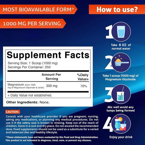 Vitamatic Magnesium Glycinate 1000mg per Serving Supports Muscle, Joint, and Heart Health 250 Grams - 250 Servings in Saudi Arabia
