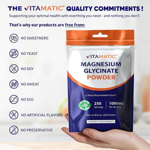 Vitamatic Magnesium Glycinate 1000mg per Serving Supports Muscle, Joint, and Heart Health 250 Grams - 250 Servings in Saudi Arabia