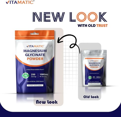 Vitamatic Magnesium Glycinate 1000mg per Serving Supports Muscle, Joint, and Heart Health 250 Grams - 250 Servings in Saudi Arabia