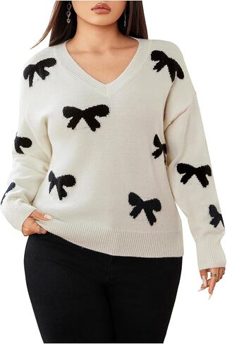 Women's Plus Size Bow Sweaters V Neck Long Sleeve Knit Pullover Tops Soft Knitwear in Saudi Arabia