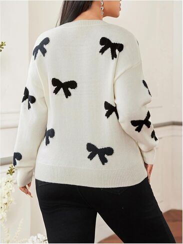Women's Plus Size Bow Sweaters V Neck Long Sleeve Knit Pullover Tops Soft Knitwear in Saudi Arabia