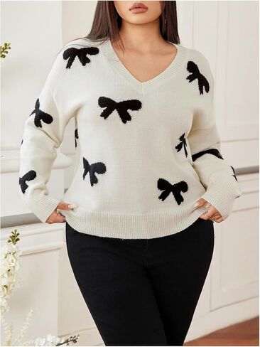 Women's Plus Size Bow Sweaters V Neck Long Sleeve Knit Pullover Tops Soft Knitwear in Saudi Arabia