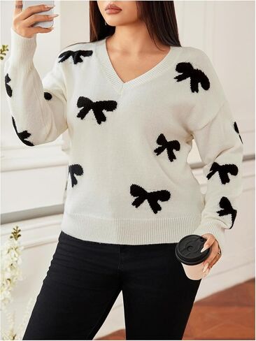 Women's Plus Size Bow Sweaters V Neck Long Sleeve Knit Pullover Tops Soft Knitwear in Saudi Arabia