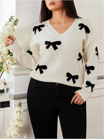 Women's Plus Size Bow Sweaters V Neck Long Sleeve Knit Pullover Tops Soft Knitwear in Saudi Arabia