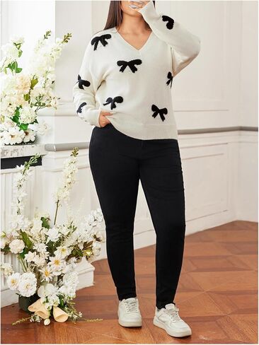 Women's Plus Size Bow Sweaters V Neck Long Sleeve Knit Pullover Tops Soft Knitwear in Saudi Arabia