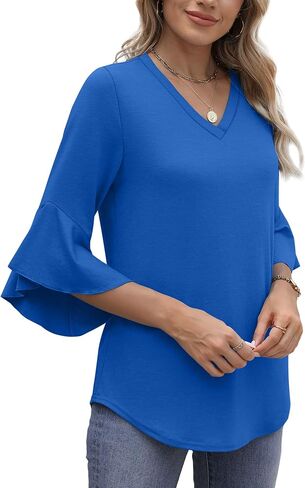 OFEEFAN Blouses for Women Dressy Casual 3/4 Length Sleeve Womens Tops V Neck Tshirts Shirts with Flared Sleeve in Saudi Arabia
