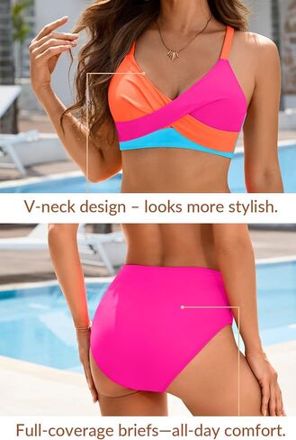Aqua Eve Women's High Waisted Bikini - Twist Front Two Piece Swimsuits Full Coverage Color Block Bathing Suits 2025 Swimwear in Saudi Arabia