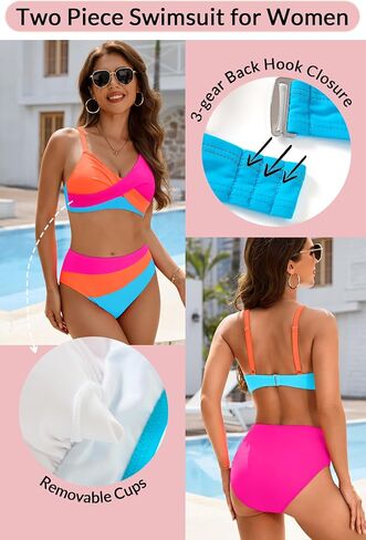 Aqua Eve Women's High Waisted Bikini - Twist Front Two Piece Swimsuits Full Coverage Color Block Bathing Suits 2025 Swimwear in Saudi Arabia