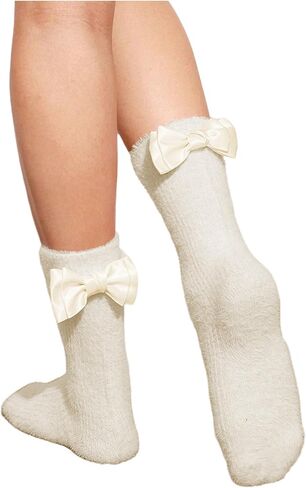 WDIRARA Women's Bow Fuzzy Socks Appliques Cute Cozy Comfy Fall Winter Crew Socks in Saudi Arabia