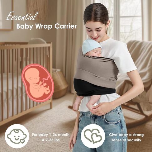 Baby Wrap Carrier, Lightweight Baby Wearing Wraps for Newborn and Infant, Soft Swaddle Holder Carrier, Cozy Baby Sling 7-35 lbs Black+Brown in Saudi Arabia
