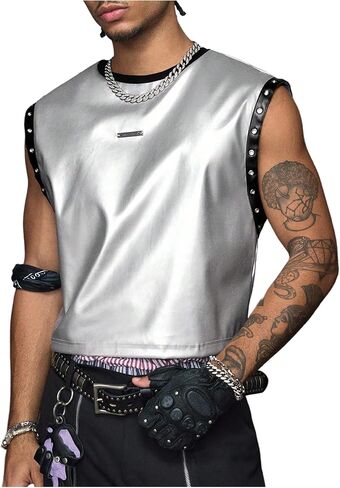 Men's Grunge PU Leather Tank Top Crew Neck Sleeveless Eyelet Grommets Summer Tank Shirt Streetwear in Saudi Arabia
