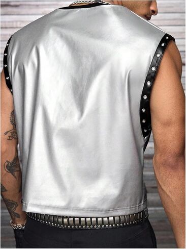 Men's Grunge PU Leather Tank Top Crew Neck Sleeveless Eyelet Grommets Summer Tank Shirt Streetwear in Saudi Arabia