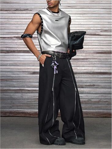 Men's Grunge PU Leather Tank Top Crew Neck Sleeveless Eyelet Grommets Summer Tank Shirt Streetwear in Saudi Arabia