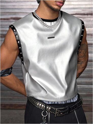 Men's Grunge PU Leather Tank Top Crew Neck Sleeveless Eyelet Grommets Summer Tank Shirt Streetwear in Saudi Arabia