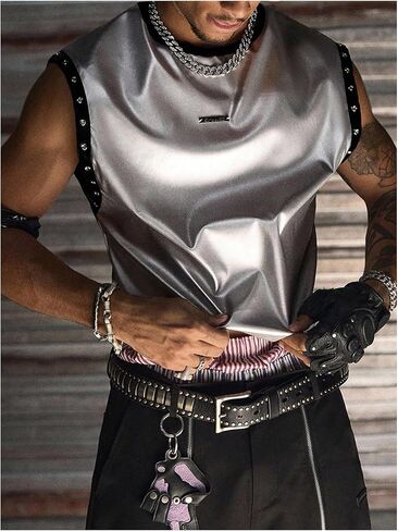 Men's Grunge PU Leather Tank Top Crew Neck Sleeveless Eyelet Grommets Summer Tank Shirt Streetwear in Saudi Arabia