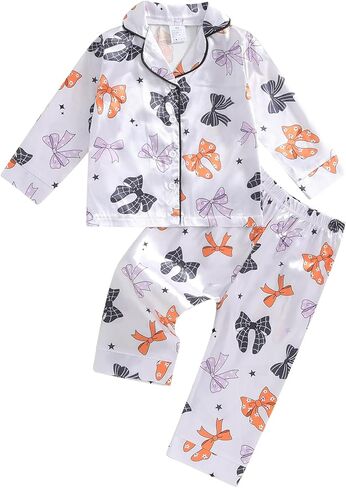 Kids Girls Satin Pajamas Baby Halloween Pajamas Pumpkin Floral Button Down Tops And Long Pants Satin Fall Sleepwear (Pink Pumpkin Patch, 18-24 Months) in Saudi Arabia