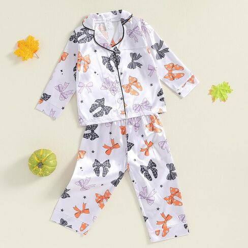 Kids Girls Satin Pajamas Baby Halloween Pajamas Pumpkin Floral Button Down Tops And Long Pants Satin Fall Sleepwear (Pink Pumpkin Patch, 18-24 Months) in Saudi Arabia