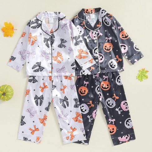 Kids Girls Satin Pajamas Baby Halloween Pajamas Pumpkin Floral Button Down Tops And Long Pants Satin Fall Sleepwear (Pink Pumpkin Patch, 18-24 Months) in Saudi Arabia