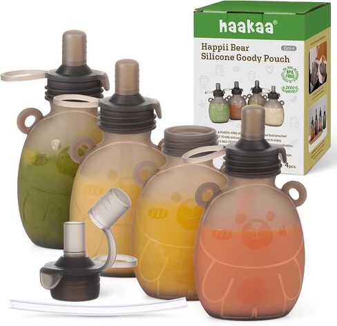haakaa Happii Bear Silicone Goody Pouch Combo,Reusable Baby Food Pouches for Homemade Organic Purees, Juices, Smoothies, and Yogurt - Perfect for Toddlers and Kids - 2 Pack, 6oz+9oz in Kuwait
