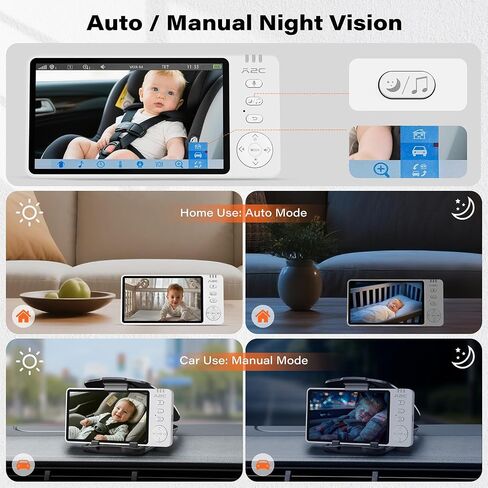 A2C Wireless Baby Car Camera, USB Powered Baby Monitor for Car Backseat & Home, 5" HD 1080P Auto/Manual Night Vision Screen with 7-Hour Battery, Rear Facing Carseat Monitor, for Travel & Home Safety in Saudi Arabia