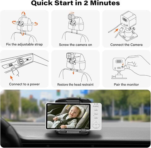 A2C Wireless Baby Car Camera, USB Powered Baby Monitor for Car Backseat & Home, 5" HD 1080P Auto/Manual Night Vision Screen with 7-Hour Battery, Rear Facing Carseat Monitor, for Travel & Home Safety in Saudi Arabia